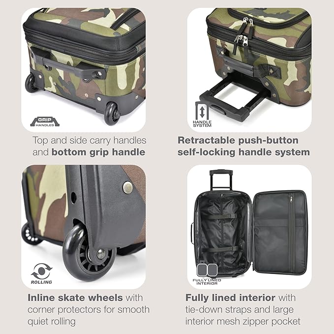 U.S. Traveler Rio Lightweight Softside Rolling Carry-on Suitcase, 2-Wheel Single, Camouflauge