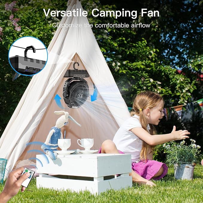 FRIZCOL 3-in-1 Camping Fan - Portable Fans Rechargeable - 24000mAh Battery Powered Fan(105Hrs) with Light & Remote for Indoor, Outdoor, Tent, Travel, Fishing, Jobsite, Gifts for Men Dad Him - Black