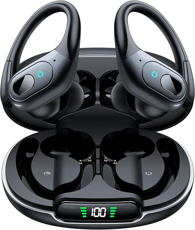 occiam Active Noise Cancelling Earbuds Wireless Bluetooth Headphones Ear Buds 90Hrs Playback Stereo Bass Earphones with Mic Over-Ear Hooks IPX7 Waterproof Headset for Work Sports Running Gym Black
