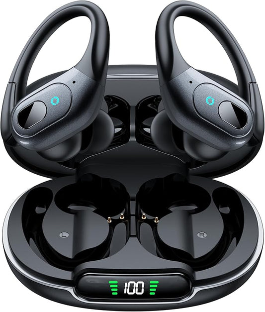 occiam Active Noise Cancelling Earbuds Wireless Bluetooth Headphones Ear Buds 90Hrs Playback Stereo Bass Earphones with Mic Over-Ear Hooks IPX7 Waterproof Headset for Work Sports Running Gym Black