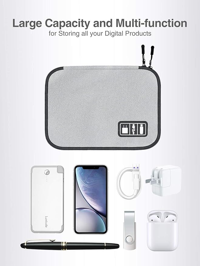 Luxtude Cord Organizer Travel, Flat Cable Organizer Bag, Portable Electronics Organizer, Travel Essentials for Wire/Cord Storage/Charger Case/Cable Storage/Tech Accessories Pouch, Silver Gray