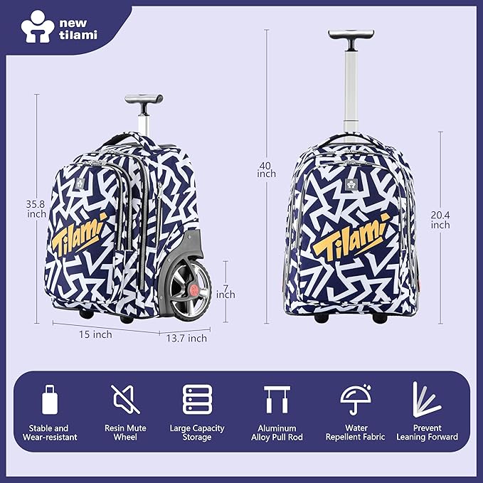 NEW TILAMI 20" Rolling Backpack for Teens Adults, Climbing Stairs Waterproof Backpack with Wheels for School Business Trave Camping with Laptop Compartment, Fit 17 Inch Laptop, Blue - White Doodle
