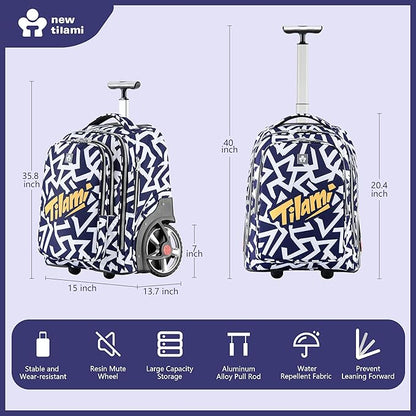 NEW TILAMI 20" Rolling Backpack for Teens Adults, Climbing Stairs Waterproof Backpack with Wheels for School Business Trave Camping with Laptop Compartment, Fit 17 Inch Laptop, Blue - White Doodle