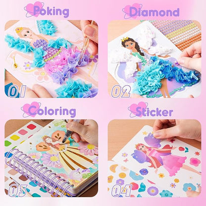 MIROLA KIDS 4 in 1 Poke Craft Kits for Girls, Magic Princess Crafts for Kids Ages 4-8, DIY Activity with Princess Stickers, Watercolor Paint, Diamond Art Gifts for 4 5 6 7 8+ Year Old Girls