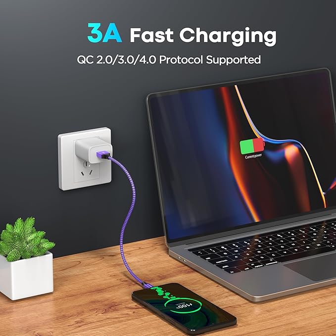 etguuds USB to USB C Cable 1ft, 2-Pack USB A to Type C Charger Cord Fast Charging for Samsung Galaxy A17 A16 A15 A26 A36 A56, S25 S24 S23 S22 S21 S20 S10 Note 20, for iPhone 17 16 15, Moto, Purple