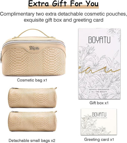 BOYATU Travel Makeup Bags for Women: 3 Pcs Set Wide Open Cosmetic Bag - Portable Make up Bags with Handle - Vegan Leather Toiletry Organizer Bag with Divider (G-04-Beige)
