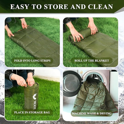MOOX Down Camping Blanket Packable Backpacking Camping Quilt Outdoor Lightweight Warm Water Resistant Puffy Sleeping Bag Travel Hiking 55"x79" Waterproof Camp Throw Blanket, Green Orange