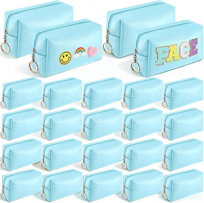 Chunful 24 Pcs Preppy Makeup Bag PU Leather Cosmetic Bag Bulk Makeup Plain Pouch Waterproof Toiletry Purse for Women Traveling Preppy Pencil Case Travel Purse Cosmetic (Blue)
