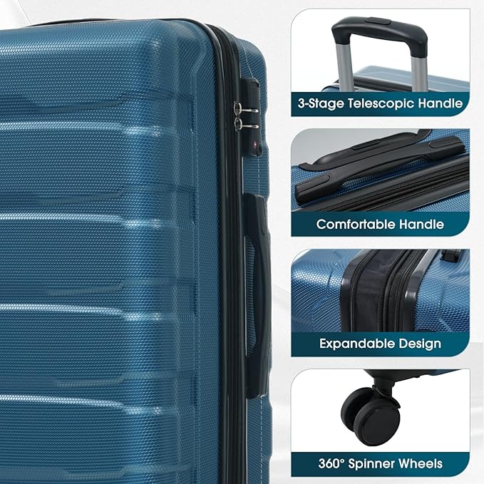 28 Inch Blue Hardshell Checked Luggage with Spinner Wheels, Expandable ABS Suitcase with TSA Lock, Travel Luggage with Telescopic Handle