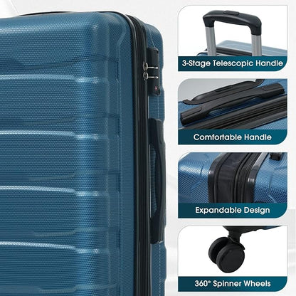 28 Inch Blue Hardshell Checked Luggage with Spinner Wheels, Expandable ABS Suitcase with TSA Lock, Travel Luggage with Telescopic Handle