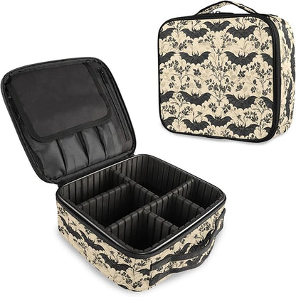 MNSRUU Travel Makeup Bag, Bats and Flowers Vintage Women Makeup Case Organizer Cosmetic Toiletry Bag for Teenage Girl with Adjustable Dividers