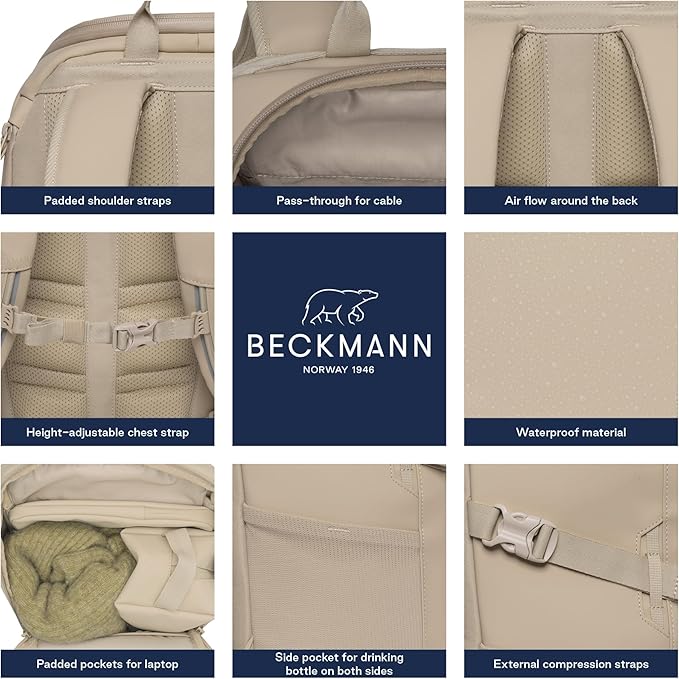 Beckmann STREET GO – Bold & Stylish Ergonomic backpack for Teens & Adults, Versatile & Functional, 26L Capacity expands to 31L - Sustainable & Durable - Water-Resistant, Lightweight. BEIGE