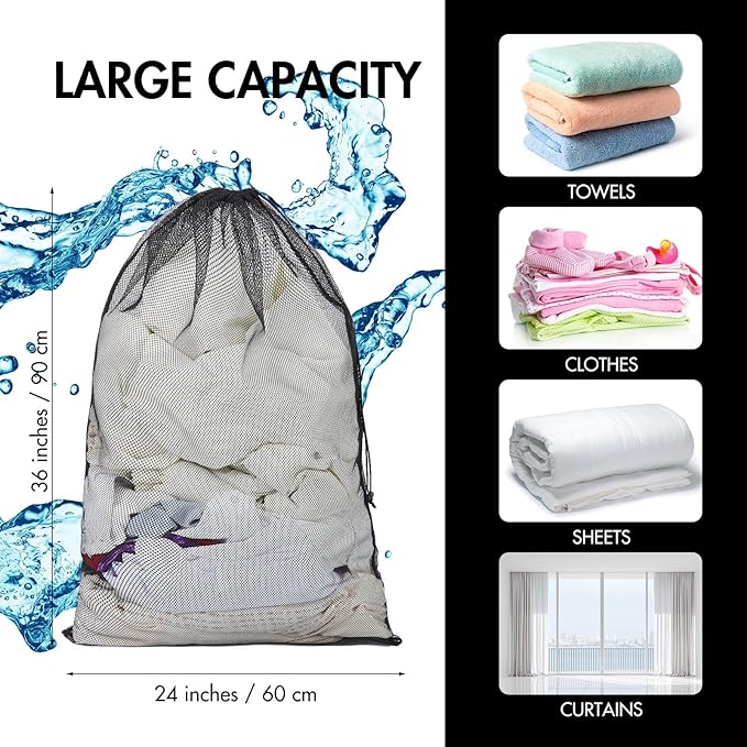 Berlune 30 Pack Large Mesh Laundry Bags, 24 x 36 Inch Bulk Wash Set with Drawstring for Commercial Use, Dorms, Vacation Rentals, Laundromats, Apartments & Facilities(Black)