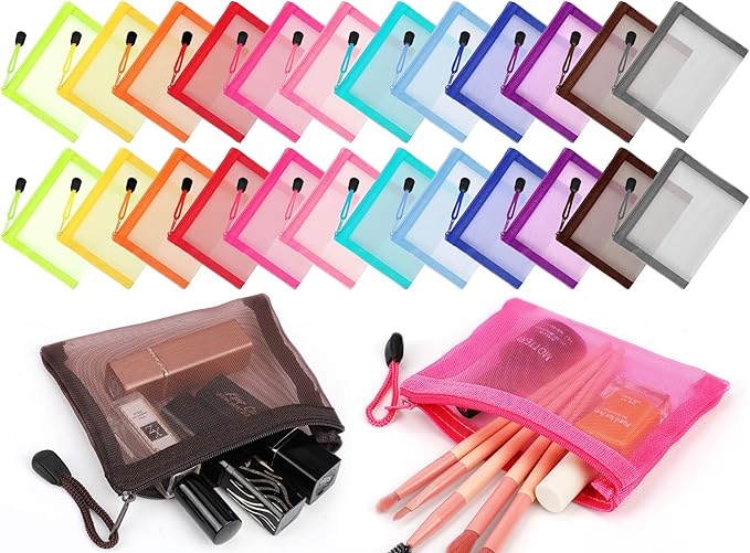 Jexine 24 Pcs Mini Zipper Mesh Bags Lipstick Cosmetic Accessories Organizer Nylon Makeup Zipper Pouch Small Cosmetic Bag for Purse Beauty Mesh Travel Pouch for Women(5 x 4 Inch,Bright Color)