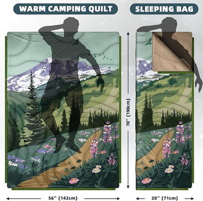 Outdoor Camping Blanket with Sherpa Lining, Extra Warm Thick Camp Blankets and Puffy Ultralight Soft Poncho DWR Camping Quilt for Cold Weather, Adventure, Sleeping, Backpacking 78"x 56"