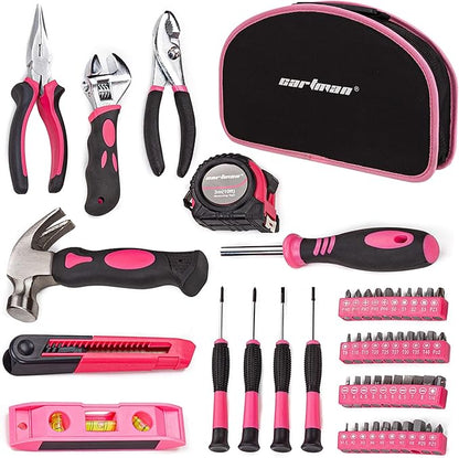 CARTMAN 52-Piece Tool Set Hand Tool Set with Easy Carrying Round Pouch - Perfect for DIY Pink
