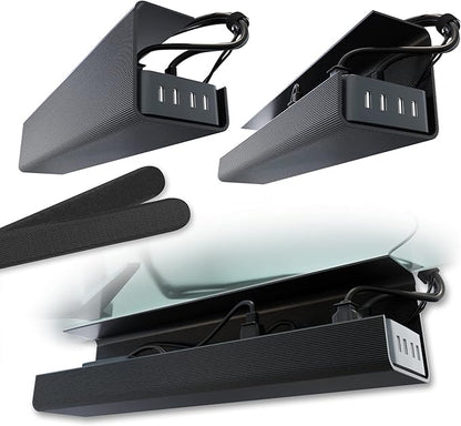 No-Screw Under Desk Cable Management Tray - Self-Adhesive Installation, Cord Management, Cable Tray, Under Desk Wire Organizer - Black Set of 2