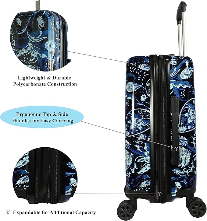 World Traveler VentureX Airline Approved 2-Piece Carry-On Luggage Set – Lightweight Hardside Polycarbonate Suitcase with Spinner Wheels - Paisley