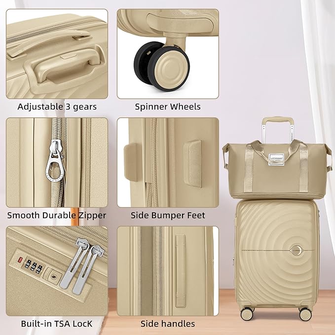 LARVENDER 20in Carry On Luggage, PP Hardside Luggage Set 3 Piece, Expandable Travel Suitcase Set with TSA Lock, Lightweight Suitcases with Wheels for Women Men(CHAMPAGNE/20/DB/TB)