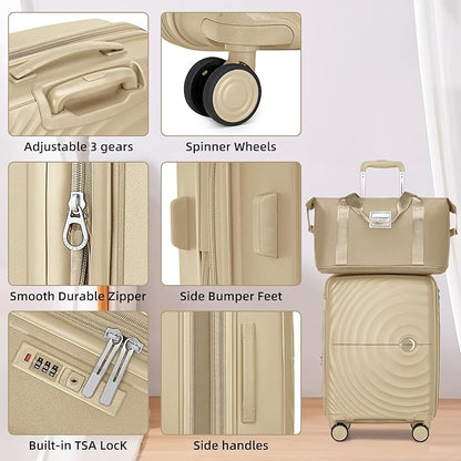 LARVENDER 20in Carry On Luggage, PP Hardside Luggage Set 3 Piece, Expandable Travel Suitcase Set with TSA Lock, Lightweight Suitcases with Wheels for Women Men(CHAMPAGNE/20/DB/TB)