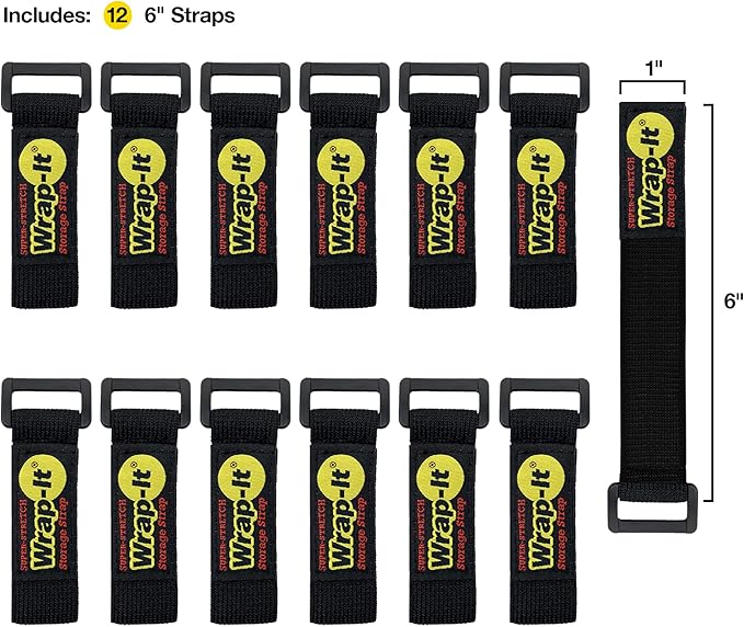 Super-Stretch Wrap-It Storage Straps, 6" (12 Pack) - Elastic Hook and Loop Cinch Straps - Extension Cord Organizer, Hose Strap, Cable Straps, Tool Strap, Cord Wrap, Cord Keeper and Cable Storage