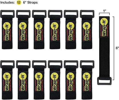 Super-Stretch Wrap-It Storage Straps, 6" (12 Pack) - Elastic Hook and Loop Cinch Straps - Extension Cord Organizer, Hose Strap, Cable Straps, Tool Strap, Cord Wrap, Cord Keeper and Cable Storage