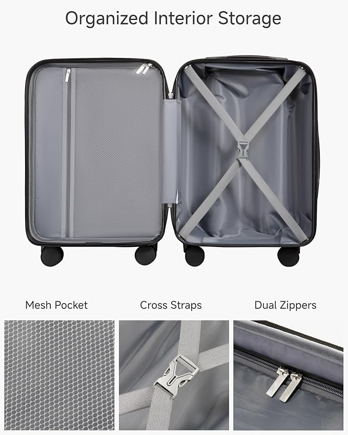 Carry On Luggage with Laptop Compartment, H1F 22x14x9 Airline Approved Front Pocket Hardside Suitcase with Spinner Wheels, TSA Lock, Includes Tote Bag（FX-Lite,Black,3 Piece Sets）