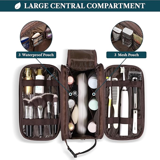 PAVILIA Large Toiletry Bag for Men Women, Mens Travel Bag Toiletries Organizer Case for Grooming, Travel Essentials Shaving Dopp Kit, PU Leather Water Resistant Cosmetic Pouch, Dark Brown