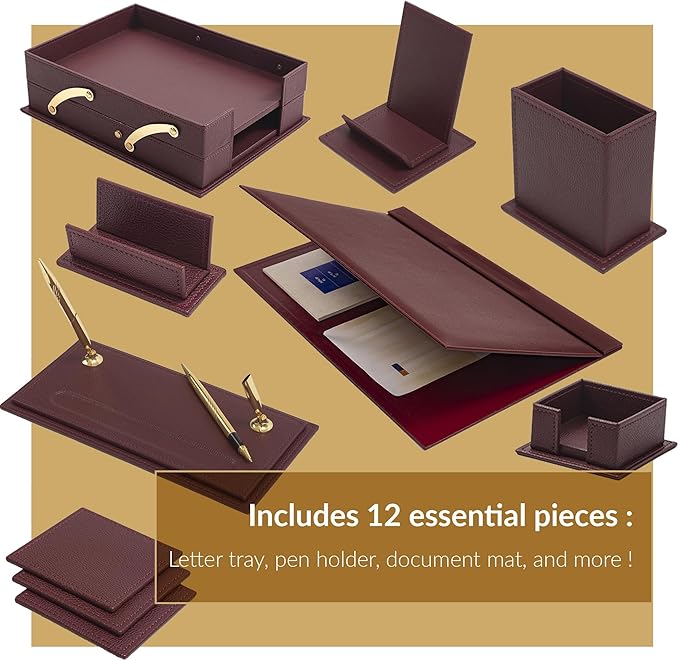 MOOGCO Bonded Set Luxury Leather Desk Pad & Desk Organization Essentials Desk Organizer Leather Desk Organizer (Burgundy)