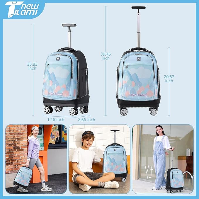 NEW TILAMI 19 Inch Rolling Backpack 360°rotating Universal Wheel, Large Organizer Compartments, Adjustable Handle, Carry on for School Students Business Travel, Pink Forest Cloud