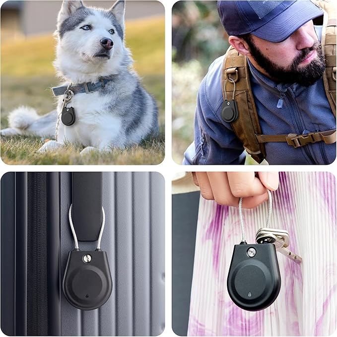 for AirTag Holder, Airtag Lock Case with Wire Cable, IPX8 Waterproof, for Luggage, Key Ring Key Chain Luggage tag Backpack (4 Pack-Black)
