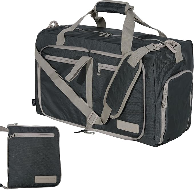 LEGEND 40L Foldable Duffle Bag for Travel - Packable Duffle Bags w/Shoe Compartment - Tear Resistant Collapsible Duffel Bags for Traveling - Lightweight Folding Duffel Bag for Men & Women -Dark Gray