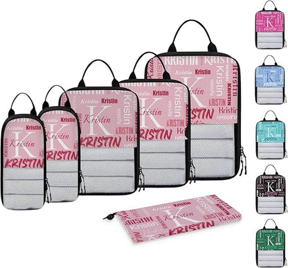 Personalized 6 Set Compression Packing Cubes for Travel Essentials with Name Initial Customized Lightweight Carry on Expandable Luggage Organizer Bags for Women and Men, Pink