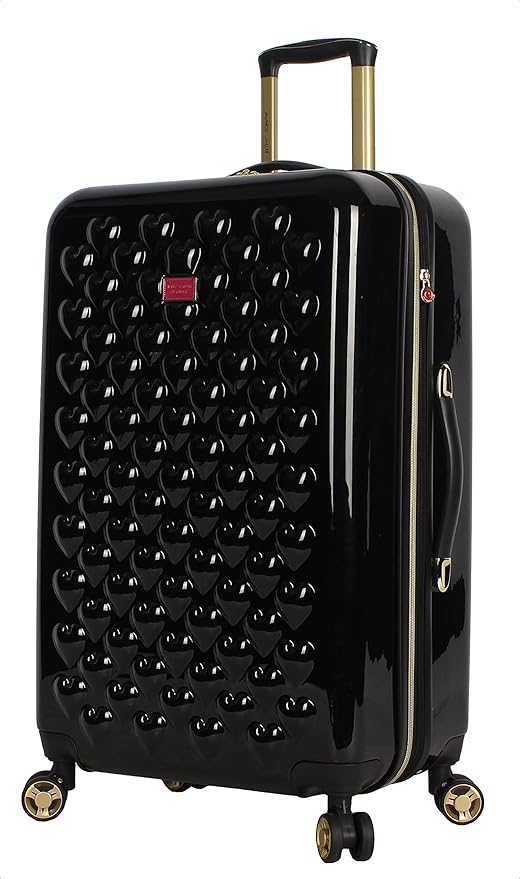 Betsey Johnson 26 Inch Checked Luggage Collection - Expandable Scratch Resistant (ABS + PC) Hardside Suitcase - Designer Lightweight Bag with 8-Rolling Spinner Wheels (Heart to Heart Black)