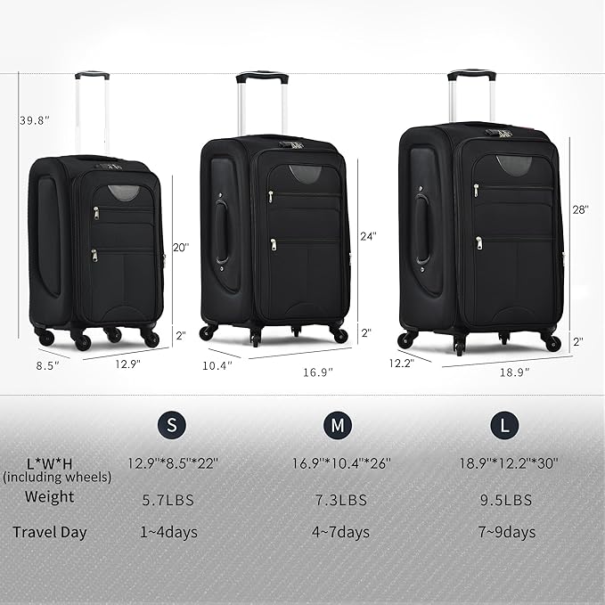 Merax Luggage Set, Softside Suitcase 3 Piece, Expandable Lightweight Luggage Sets with Duffel Bag 22" 26" 30" Suitcase with Wheels TSA Lock,Black
