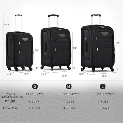Merax Luggage Set, Softside Suitcase 3 Piece, Expandable Lightweight Luggage Sets with Duffel Bag 22" 26" 30" Suitcase with Wheels TSA Lock,Black