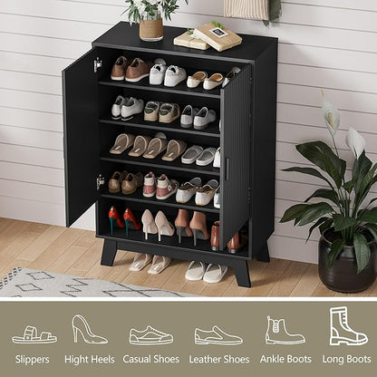 Shoe Cabinet Storage for Entryway with Doors, 5 Tier Fluted Shoe Organizer with Adjustable Shelves, Entryway Shoe Storage with Wooden Legs, Freestanding Hidden Shoe Rack for Front Door Entrance, Black