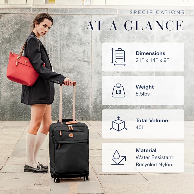 Bric's X-Travel 21” Carry-On Spinner – Luxury Softside Luggage with 360° Wheels, Recycled Water-Resistant Fabric, Interior Pockets, and Leather Details – Black
