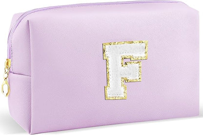 Gifts for Girls Initial Makeup Bag Personalized Cosmetic Bag with Zipper Cute Travel Toiletry Bag Waterproof PU Preppy Makeup Pouch Birthday Gift for Teen Girls Women(Purple F)