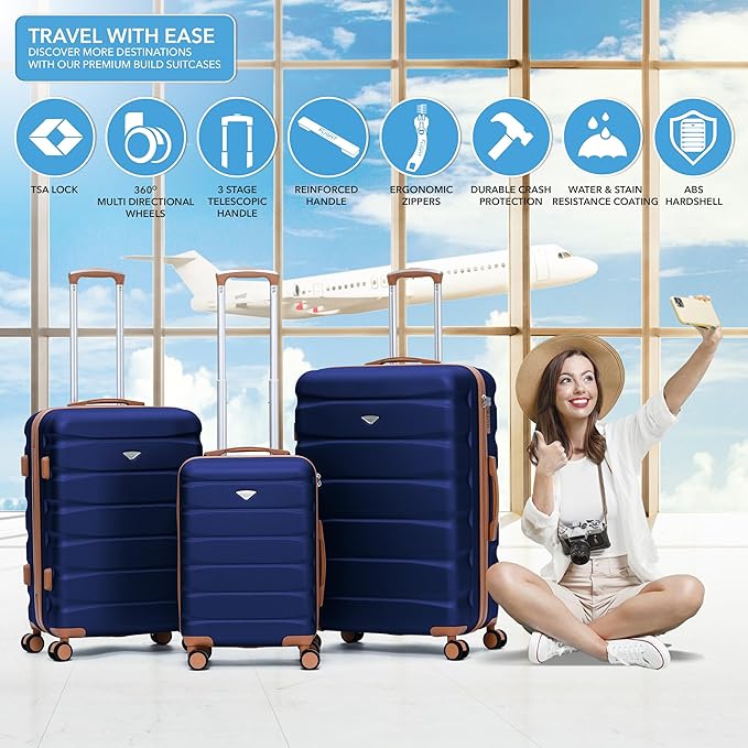 Flight Knight Luggage Sets TSA Lock Silent Double Spinner Wheels Suitcase With Case Maximum Carry On Bag Size For American & United Approved Airlines(3 Piece Set (22/27/31"),Navy/Tan)