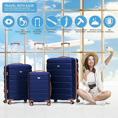 Flight Knight Luggage Sets TSA Lock Silent Double Spinner Wheels Suitcase With Case Maximum Carry On Bag Size For American & United Approved Airlines(3 Piece Set (22/27/31"),Navy/Tan)