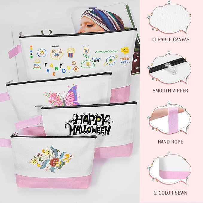 10 Pieces Cotton Canvas Makeup Bag with Bottom and Strap, Multi-Purpose Cosmetic Bag with Zipper Travel Toiletry Pouch, Blank DIY Craft Bag (White&Pink, M)