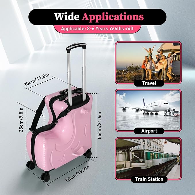 Kids Ride on Suitcase, 20" Ride on Luggage with 4 Wheels, Scooter Suitcase for Boys Girls, Toddler Carry on Suitcases with Safety Belt & Adjustable Handle, Travel Luggage for Ages 3-6 (Pink)