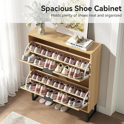 Shoe Cabinet with 2 Flip Drawers Set of 2, Narrow Wood Shoe Cabinet Storage for Entryway, Freestanding Hidden Shoe Organizer Rack Cabinet for Hallway