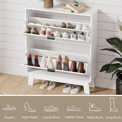 Shoe Cabinet Storage for Entryway with 2 Flip Drawers, Fluted Narrow Shoe Organizer with Wooden Legs, Freestanding Slim Shoe Storage Hidden Shoe Rack Organizer for Front Door Entrance, White