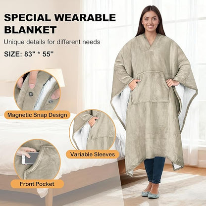 Catalonia Sherpa Wearable Blanket Poncho for Adult Women Men, Wrap Blanket Cape with Pocket, Warm, Soft, Cozy, Snuggly, Comfort Gift, No Sleeves, Camel