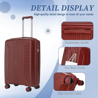 Campfun 3 Piece Luggage Sets, PP Suitcase Set with Double Spinner Wheels Hang Hook, Durable Carry On Luggage with Combination Lock, 20/24/28 inch, Red
