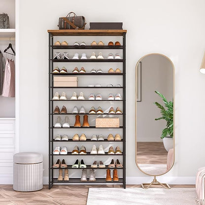 HOOBRO 12-Tier Shoe Rack, 29.5" L Shoe Storage Organizer, Large Capacity Shoe Shelf for Front Door Entrance, Entryway, Closet, Holds 36-48 Pairs of Shoes, Closet, Rustic Brown and Black BF127XJ01