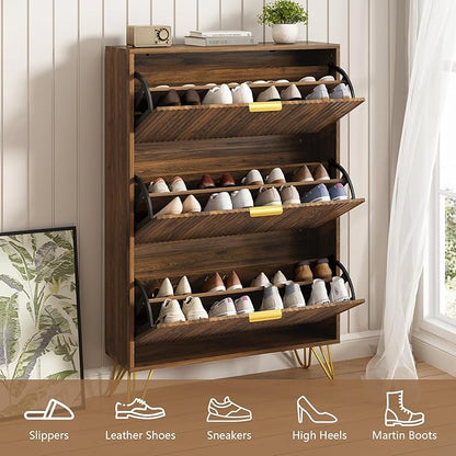 Shoe Storage Cabinet with 3 Flip Drawers, 31.5" W Fluted Shoe Cabinet for Entryway, Hidden Shoe Cabinet Storage, Narrow Free Standing Shoe Orgnaizer Rack Cabinet for Foyer Hallway, Natural