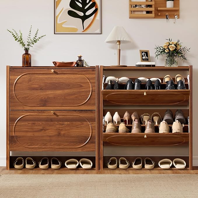 ORRD Shoe Storage Cabinet with 2 Flip Drawers, Wood Narrow Shoe Cabinet for Entryway, Fluted Hidden Shoe Organizer, Freestanding Slim Shoes Cabinets for Foyer, Hallway-Walnut